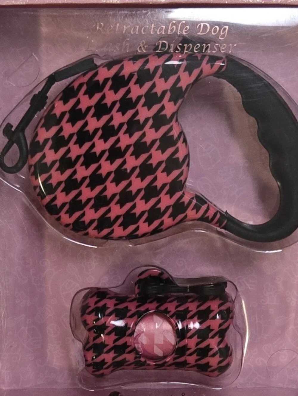 Pink Houndstooth Retractable Dog Leash Dispenser Set NIB